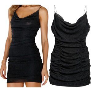 Black Cowl Neck Mini Dress with Ruched Sides